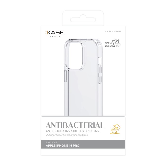 Coque antibact&eacute;rienne antichoc hybride invisible pour Apple iPhone 14 Pro, Transparente