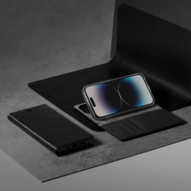 Diarycase 2.0 Coque clapet en cuir v&eacute;ritable avec support aimant&eacute; pour Apple iPhone 14 Pro, Minuit Noir