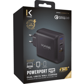 Chargeur secteur mural UE double USB universel PowerPort Ultra Speed+ Charge Rapide 60W (Qualcomm 3.0/Power Delivery), Noir