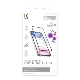 Protection d’écran antibactérienne en verre trempé ultra-résistant à bords incurvés pour Apple iPhone 15, Noir