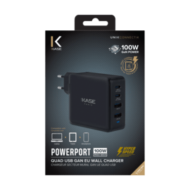 Chargeur secteur mural universel GaN UE quad USB PowerPort Hyper Rapide 100W, Noir