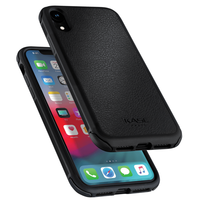Coque robuste en cuir v&eacute;ritable pour iPhone XR, Noir de jais