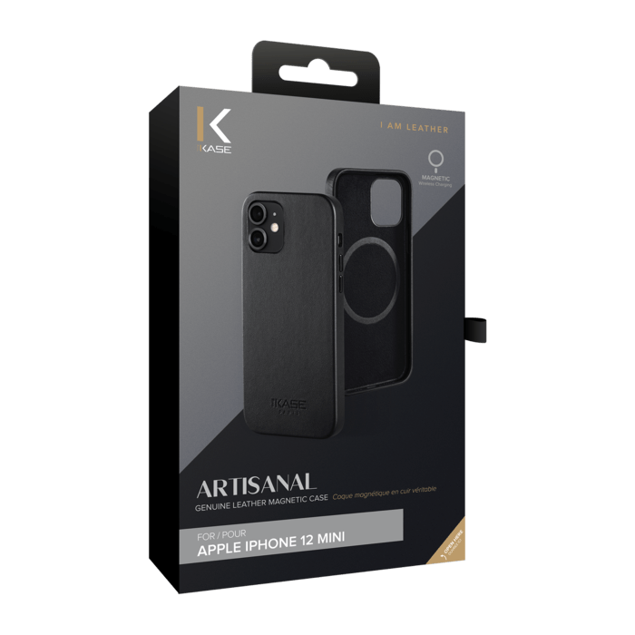 Coque magn&eacute;tique en cuir v&eacute;ritable artisanal pour Apple iPhone 12 mini, Minuit Noir