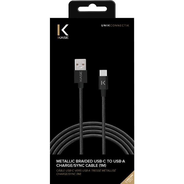 Câble USB-C vers USB-A tressé métallisé Charge/Sync (1M), Noir