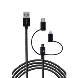 3-in-1 Metallic Braided USB to Micro-USB, Apple MFi certified Lightning® & Type C Charge/Sync Cable (1M)