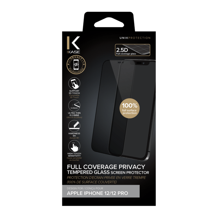 Full Coverage Privacy Tempered Glass Screen Protector for Apple iPhone 12/12 Pro, Black