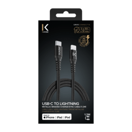 Câble USB-C vers Lightning certifié MFi Apple métallisé tressé Charge/sync (1,2M), Noir