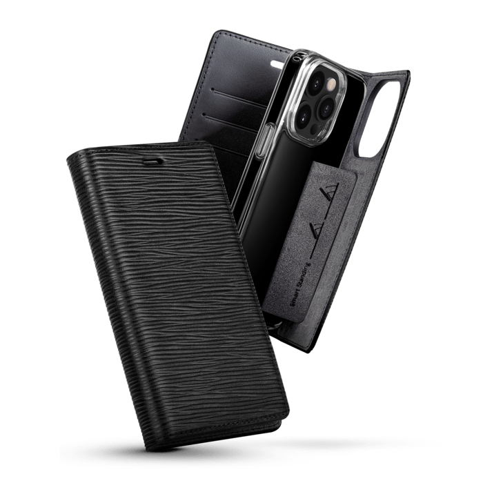 Diarycase 2.0 Coque clapet en cuir véritable avec support aimanté pour Apple iPhone 14 Pro Max, Noir Minuit