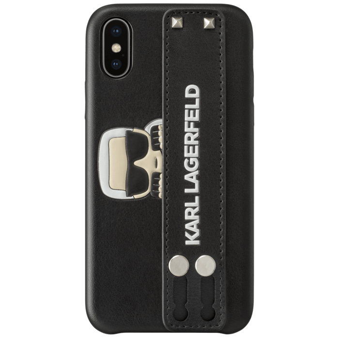 Coque Karl Lagerfeld clout&eacute;e avec dragonne int&eacute;gr&eacute;e et support pour Apple iPhone X/XS, Noir