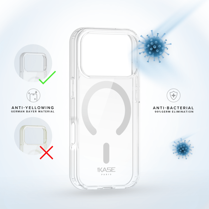 Coque antibact&eacute;rienne antichoc magn&eacute;tique invisible Fabriqu&eacute; Avec du 75% Plastique Recycl&eacute; pour Apple iPhone 17 Pro, Transparente