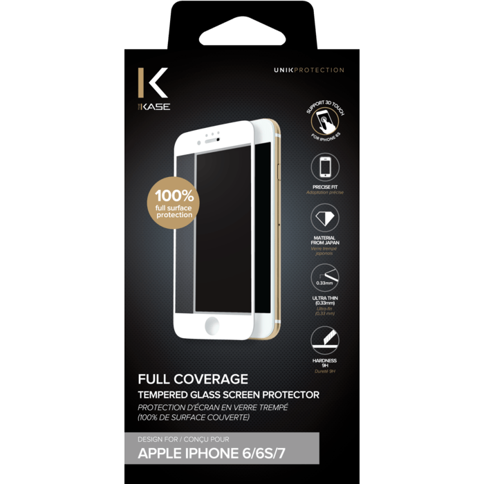 Protection d'écran en verre trempé (100% d surface couverte) pour iPhone 6/6s/7, Blanc