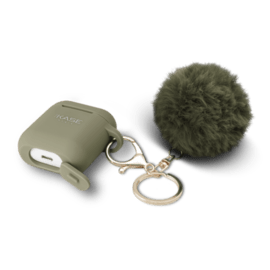 Case Fashionista Pom-Pom Charm & Case for Apple AirPods with Auto-Clip Strap, Olive Green