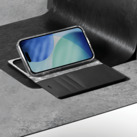 Diarycase 2.0 Coque clapet en cuir v&eacute;ritable avec support aimant&eacute; et fabriqu&eacute; avec un &eacute;tui en plastique recycl&eacute; pour Apple iPhone 17 Pro Max, Noir Minuit