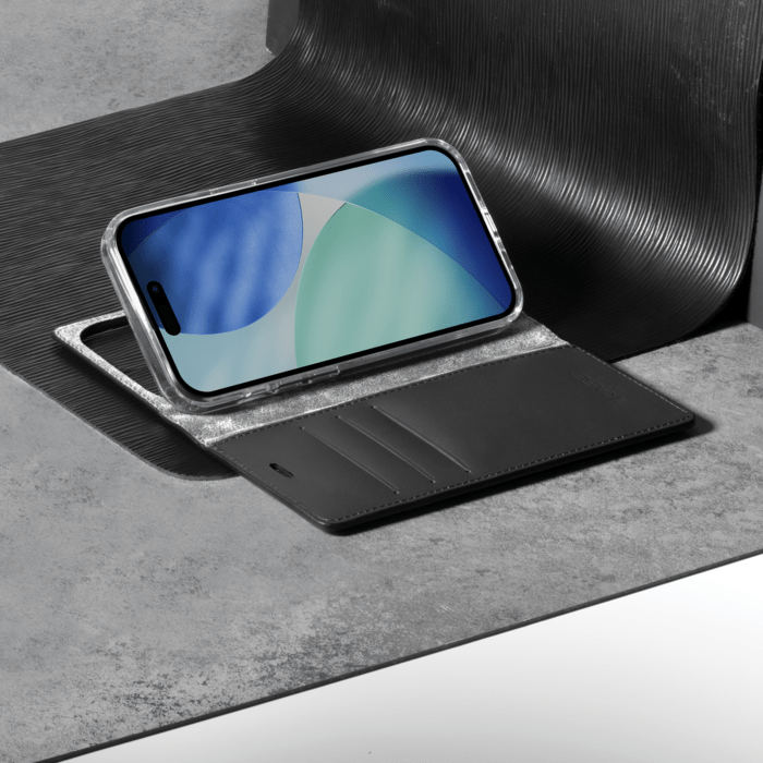Diarycase 2.0 Coque clapet en cuir v&eacute;ritable avec support aimant&eacute; et fabriqu&eacute; avec un &eacute;tui en plastique recycl&eacute; pour Apple iPhone 17 Pro, Noir Minuit