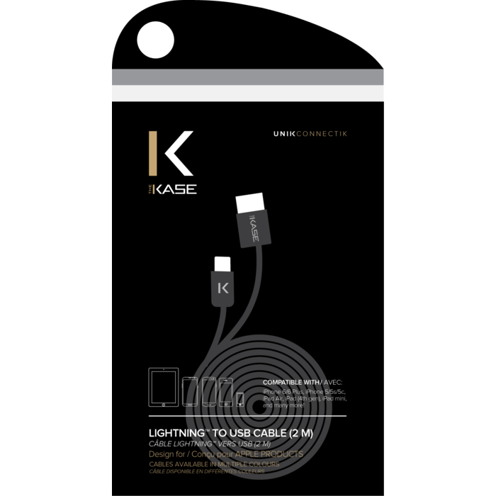 Câble Lightning Plat vers USB (2m), Noir de Jais