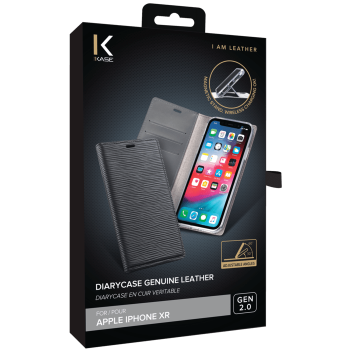 Diarycase 2.0 Coque clapet en cuir véritable avec support magnétique pour Apple iPhone XR, Minuit Noir