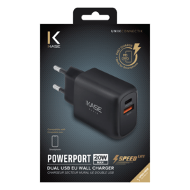 Universal PowerPort Speed LITE Quick Charge 20W Dual USB EU Wall Charger (Power Delivery), Black