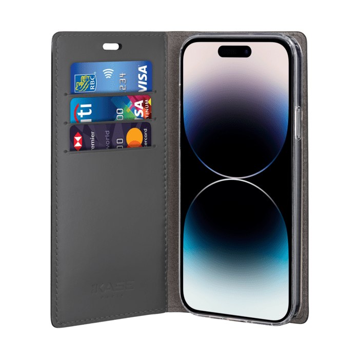 Diarycase 2.0 Coque clapet en cuir v&eacute;ritable avec support aimant&eacute; pour Apple iPhone 14 Pro, Minuit Noir