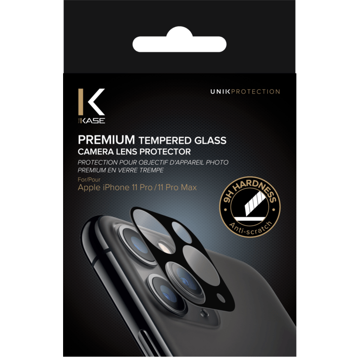 (O) Protection pour objectif d'appareil photo premium en verre tremp&eacute; Apple iPhone 11 Pro/Pro Max, Noir